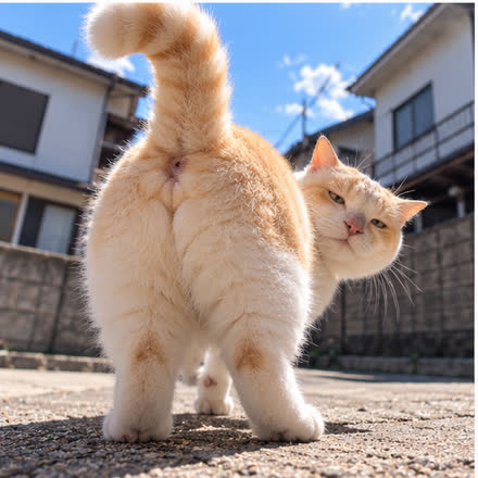 꼬리를 세우고 뒤돌아보는 고양이 뒤태