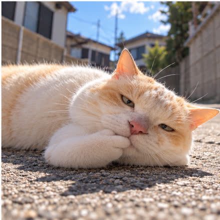 길바닥에 누워 앞발을 괸 고양이
